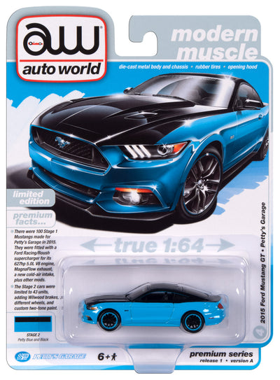 Auto World Petty's Garage 2015 Ford Mustang GT (Petty Blue Lower Body Color & Gloss Black Upper Color) 1:64 Diecast