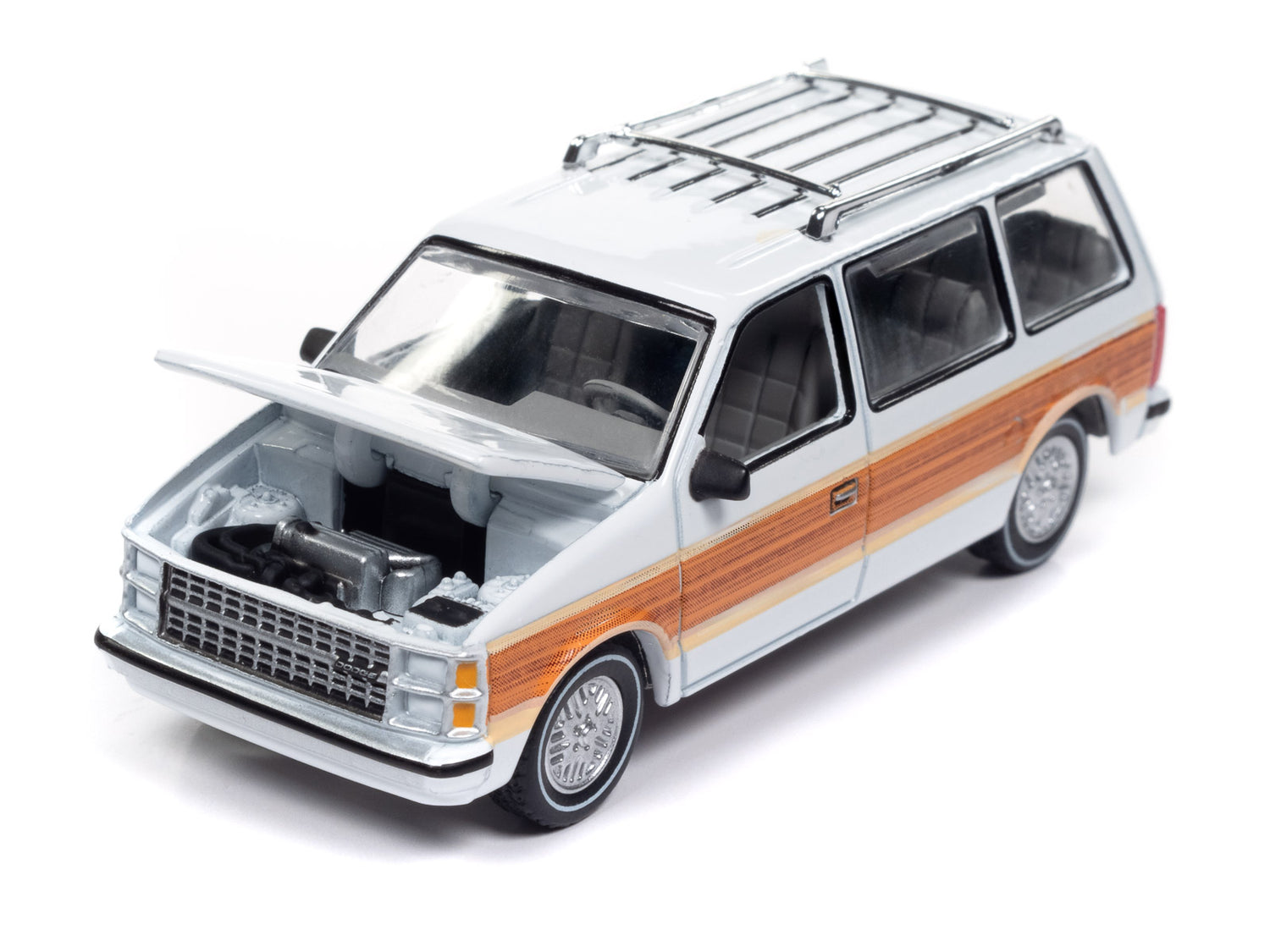 Auto World 1985 Dodge Caravan (DW2 White w/Woodgrain Sides & Rear) 1:64 Diecast