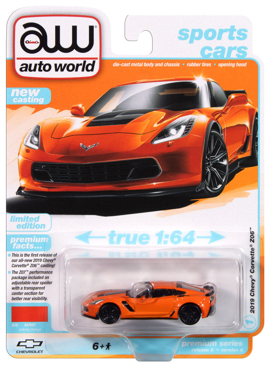 Auto World 2019 Chevrolet Corvette Z06 (with Z07 Performance Package) (Sebring Orange w/ Gloss Black Hood Center) 1:64 Diecast