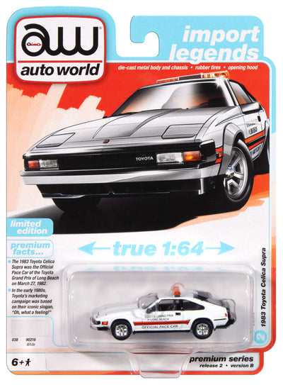 Auto World 1983 Toyota Celica Supra (White w/Toyota Grand Prix of Long Beach Official Pace Car Graphics & Roof Lightbar) 1:64 Diecast