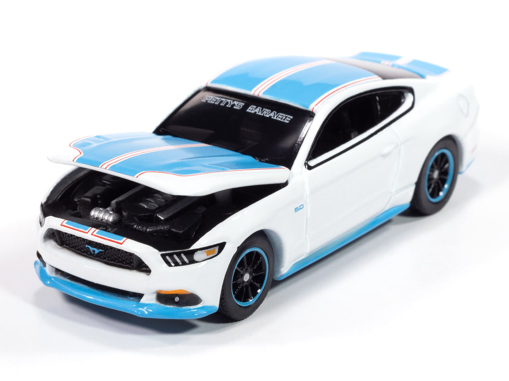 "PRE-ORDER" Auto World Petty's Garage 2016 Ford Mustang GT King Premier Edition (White Body w/Petty Blue Ground Effects) 1:64 Diecast (DUE MARCH 2025)