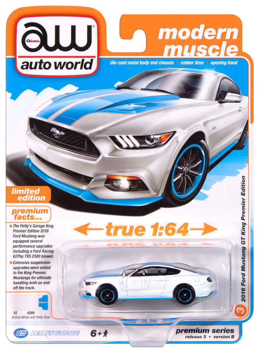 "PRE-ORDER" Auto World Petty's Garage 2016 Ford Mustang GT King Premier Edition (White Body w/Petty Blue Ground Effects) 1:64 Diecast (DUE MARCH 2025)