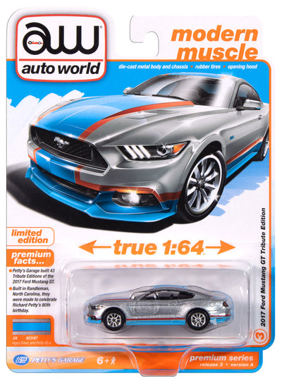 "PRE-ORDER" Auto World Petty's Garage 2017 Ford Mustang GT Tribute Edition (Silver Body w/Petty Blue Sides) 1:64 Diecast (DUE MARCH 2025)