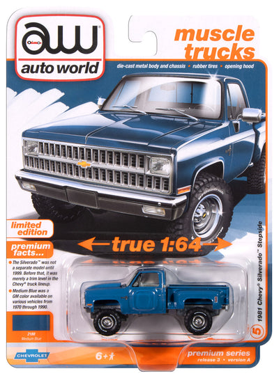 Auto World 1981 Chevrolet Silverado Stepside 4x4 (Medium Blue) 1:64 Diecast