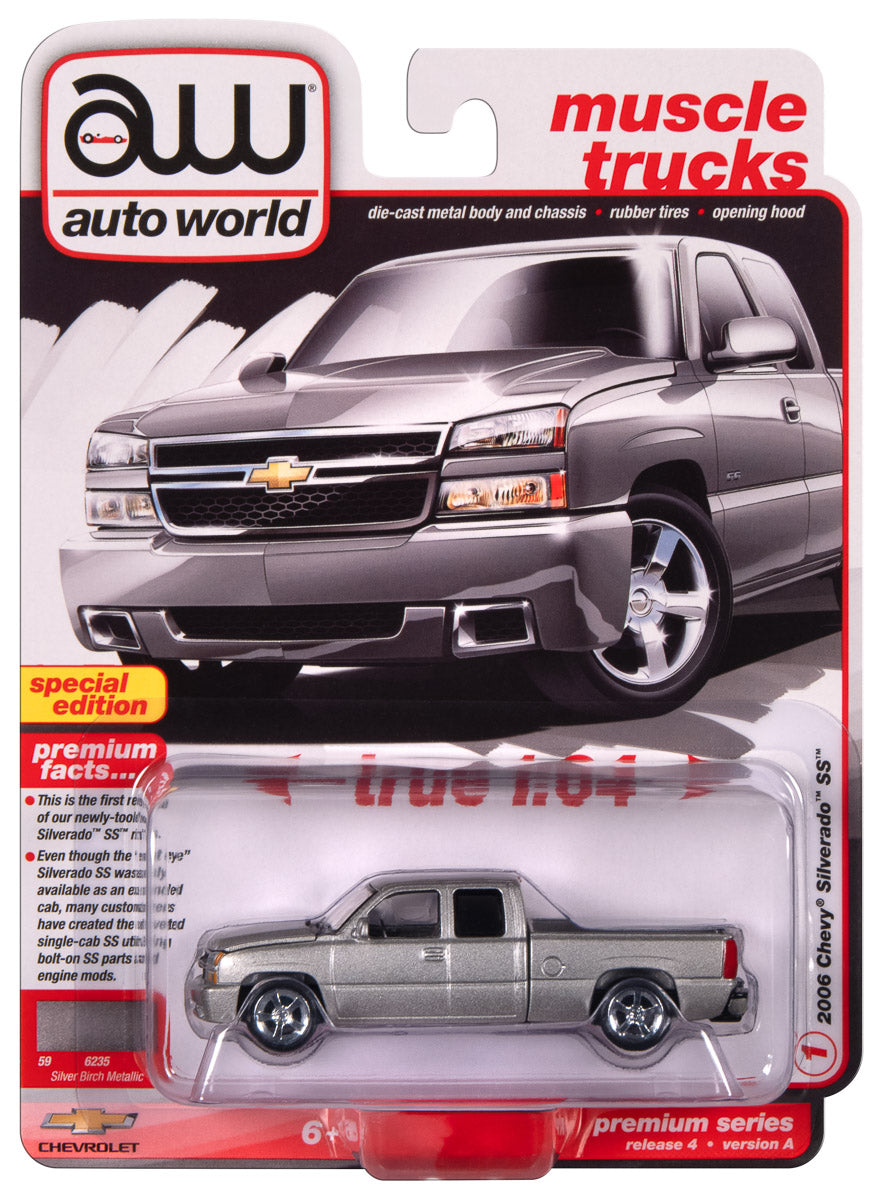 Auto World 2006 Chevy Silverado SS Truck (Extended Cab w/Fleetside Bed) (Fine Silver Birch Metallic) 1:64 Diecast