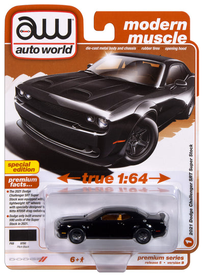 "PRE-ORDER" Auto World 2021 Dodge Challenger SRT Super Stock (Pitch Black w/ Flat Black Top/Hood) 1:64 Diecast (DUE OCTOBER 2024)