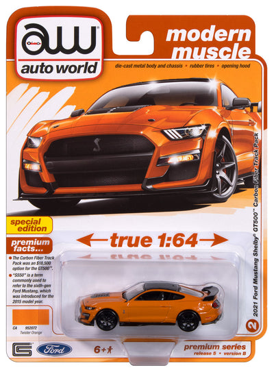 "PRE-ORDER" Auto World 2021 Ford Mustang Shelby GT500 Carbon Fiber Track Pack (Twister Orange w/Black Roof) 1:64 Diecast (DUE OCTOBER 2024)