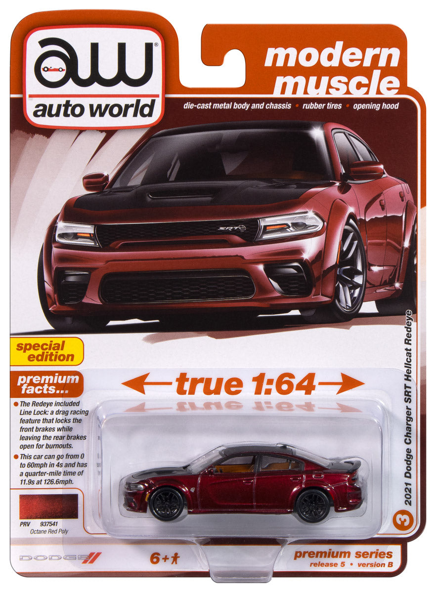 Auto World 2021 Dodge Charger SRT Hellcat Redeye (Octane Red w/Flat Black Top/Hood) 1:64 Diecast