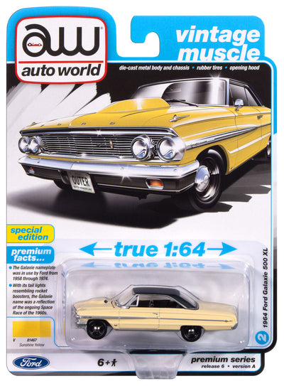 "PRE-ORDER" Auto World 1964 Ford Galaxie 500XL (Sunshine Yellow w/Black Roof) 1:64 Diecast (DUE DECEMBER 2024)