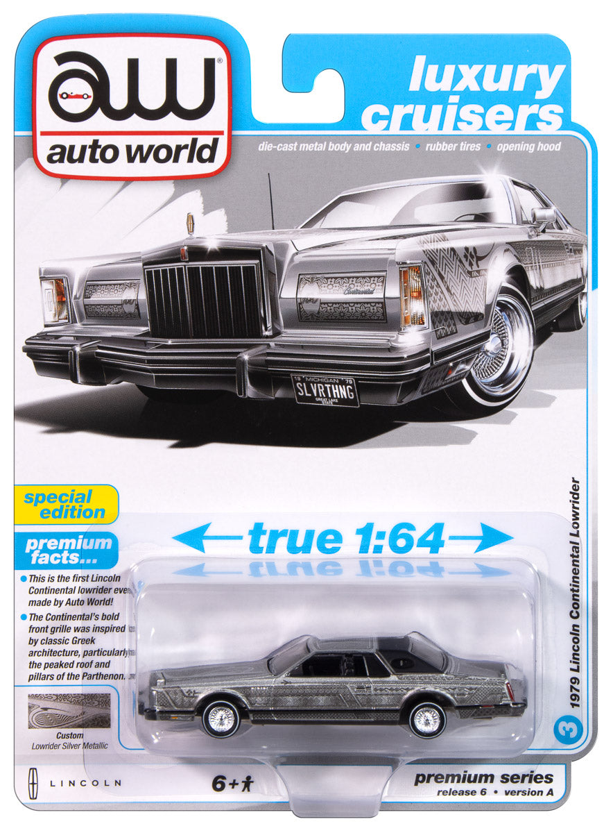 Auto World 1979 Lincoln Continental Lowrider (Silver Metallic w/Lowrider Graphics) 1:64 Diecast