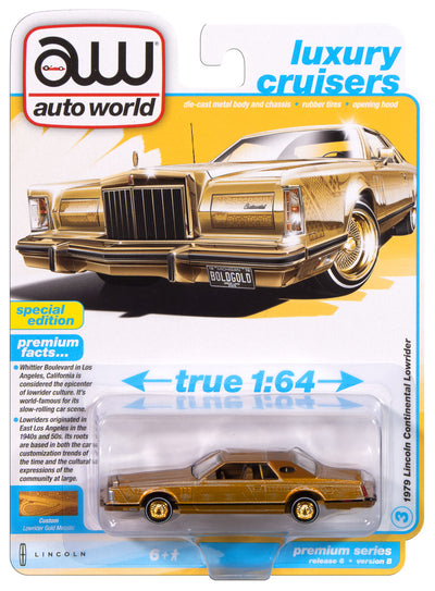 Auto World 1979 Lincoln Continental Lowrider (Gold Metallic w/Lowrider Graphics) 1:64 Diecast