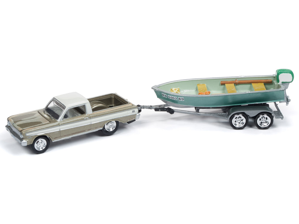 Johnny Lightning 1965 Ford Ranchero (Honey Gold & White (Dirty)) w/Vintage Fishing Boat 1:64 Scale Diecast