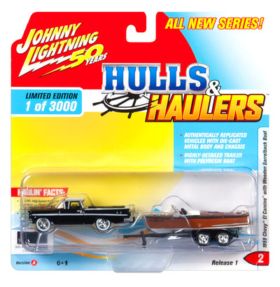 Johnny Lightning 1959 Chevy El Camino (Tuxedo Black & White) w/Vintage Barrelback Wood Boat 1:64 Scale Diecast