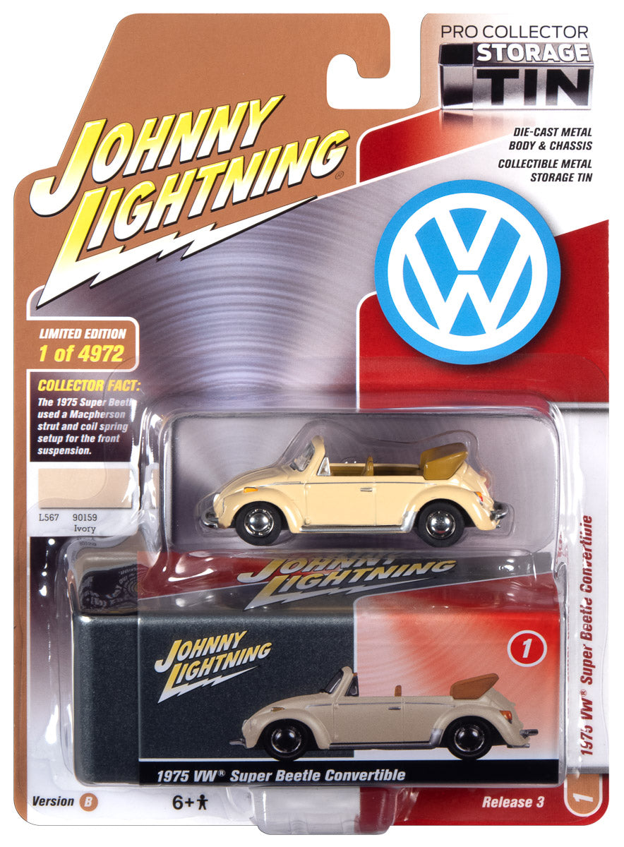 Johnny Lightning 1975 Volkswagen Super Beetle (Ivory) with Collector Tin 1:64 Diecast