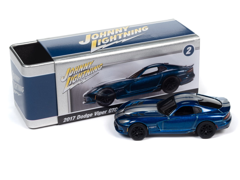 Johnny Lightning 2017 Dodge Viper (Blue Pearl w/ Twin Silver Stripes) with Collector Tin 1:64 Diecast