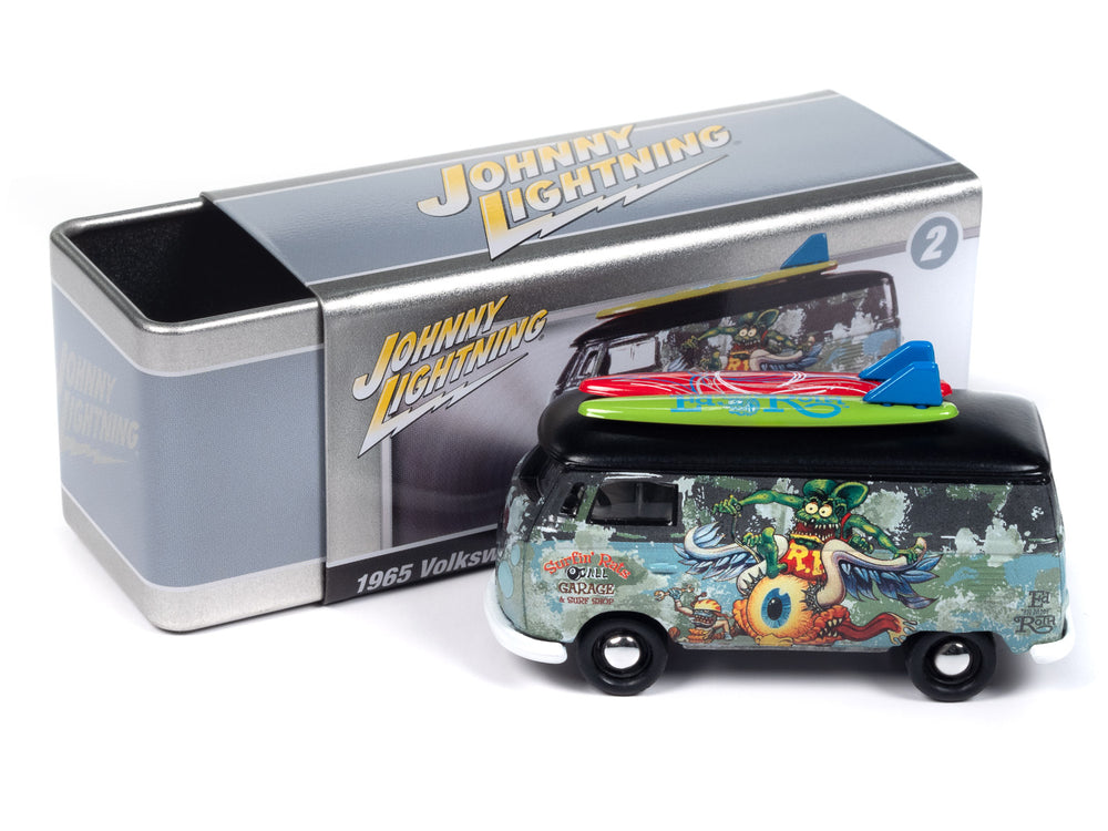 Johnny Lightning 1965 VW Type II Transporter Rat Fink (Flat Black & Bahama Blue) with Collector Tin 1:64 Diecast