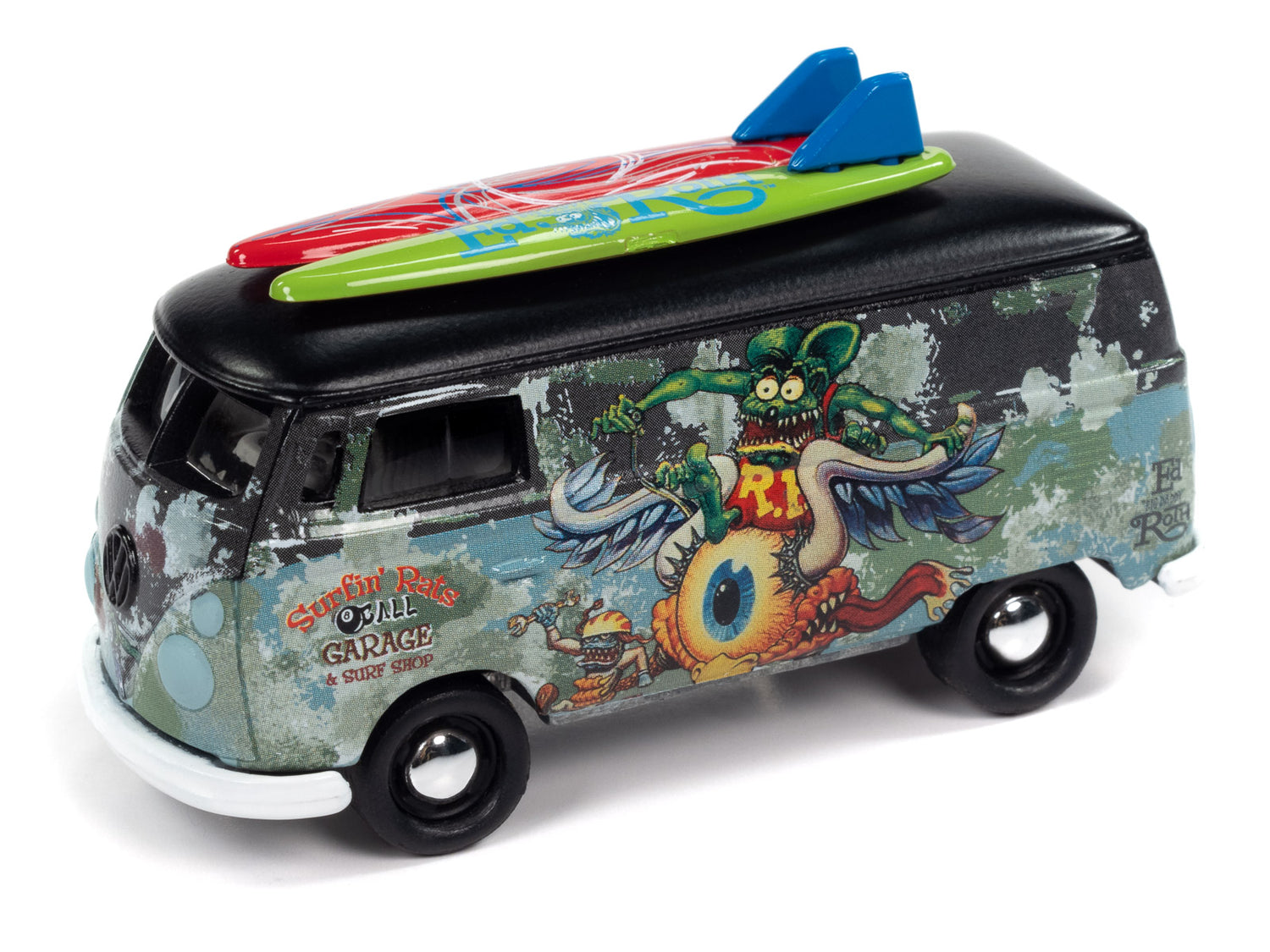 Johnny Lightning 1965 VW Type II Transporter Rat Fink (Flat Black & Bahama Blue) with Collector Tin 1:64 Diecast