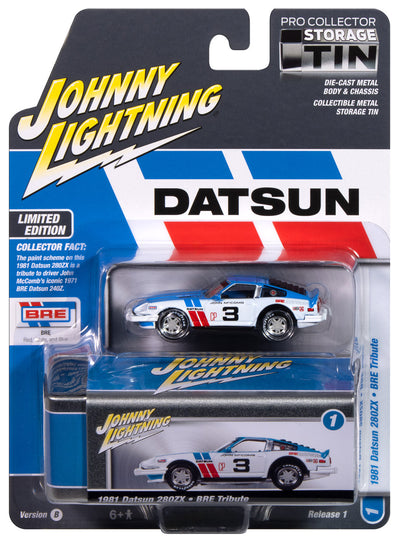 Johnny Lightning 1981 Datsun 280ZX BRE Datsun (Blue Top & White Sides) with Collector Tin 1:64 Diecast