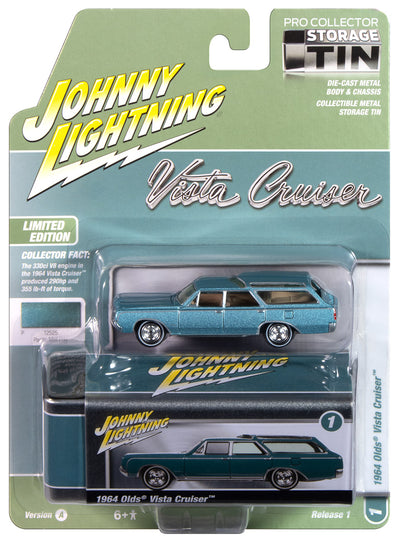 "PRE-ORDER" Johnny Lightning 1964 Olds Vista Cruiser (Pacific Mist Poly) with Collector Tin 1:64 Diecast (DUE APRIL 2025)