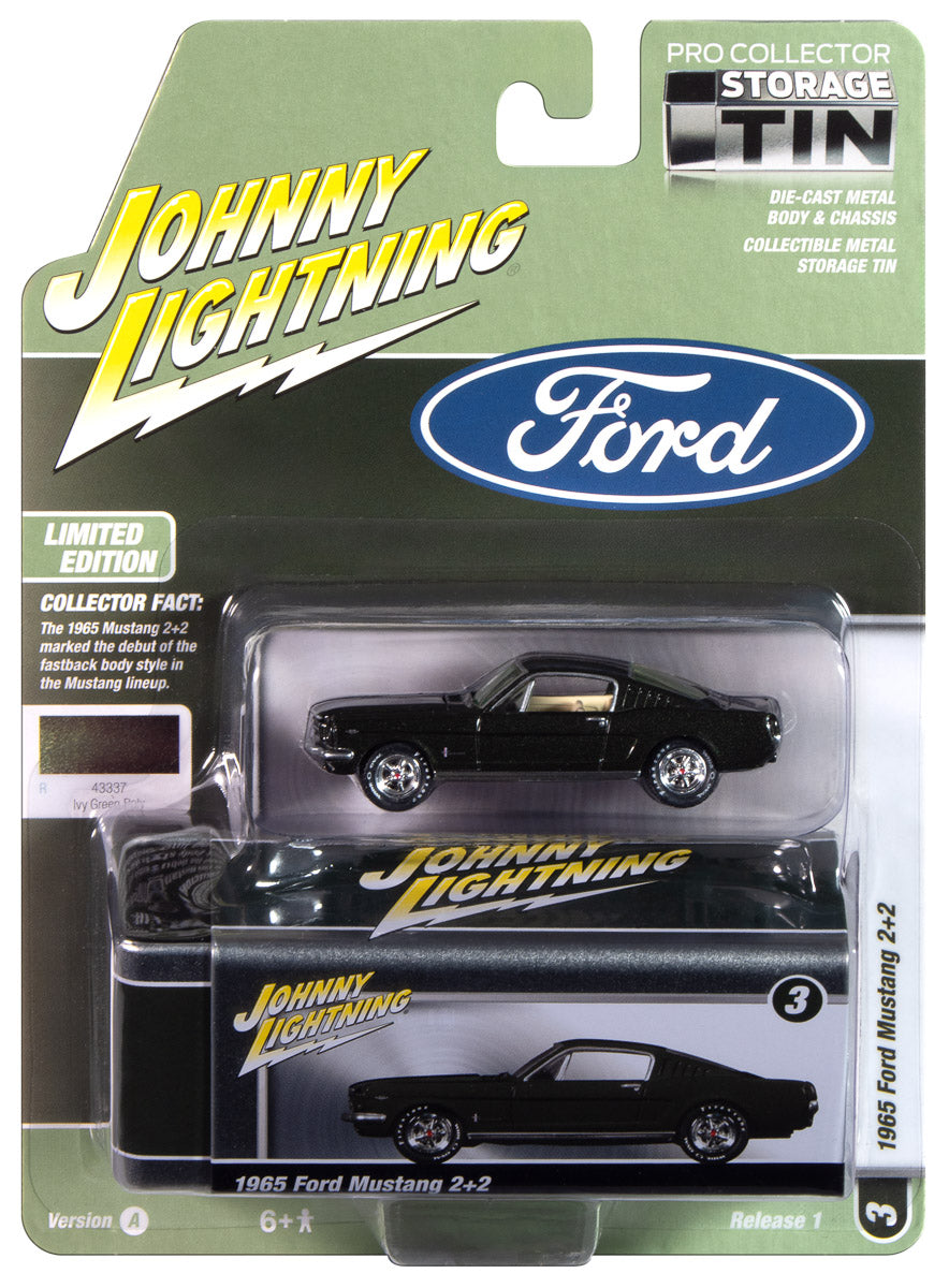 "PRE-ORDER" Johnny Lightning 1965 Ford Mustang Fastback (Ivy Green) with Collector Tin 1:64 Diecast (DUE APRIL 2025)