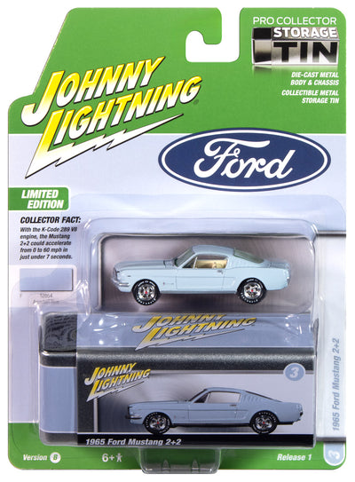 "PRE-ORDER" Johnny Lightning 1965 Ford Mustang Fastback (Arcadian Blue) with Collector Tin 1:64 Diecast (DUE APRIL 2025)