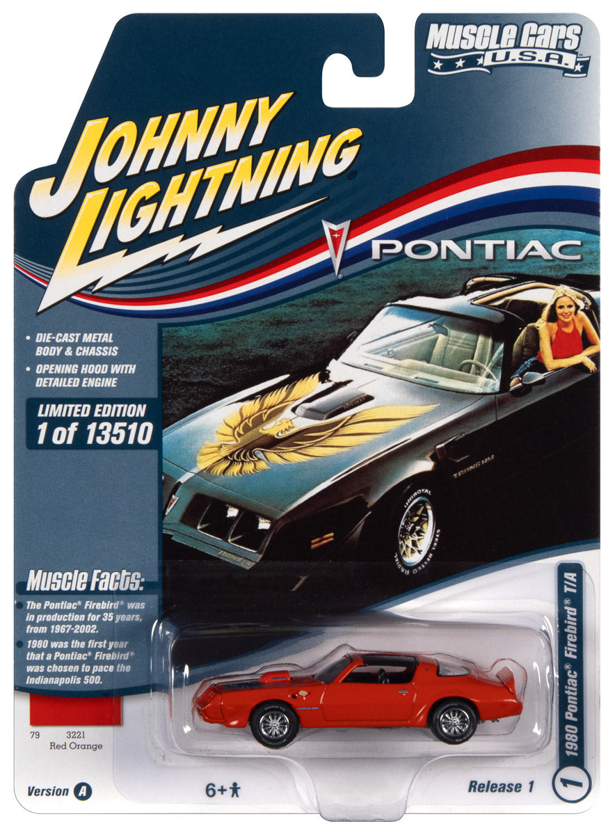 Johnny Lightning Muscle Cars 1981 Pontiac Firebird T/A (Red Orange w/Blue Bird on Hood) 1:64 Scale Diecast