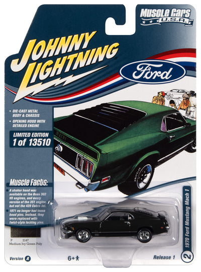 Johnny Lightning Muscle Cars 1970 Ford Mustang Mach 1 (Ivy Green Metallic w/White 428 Hood Stripe) 1:64 Scale Diecast