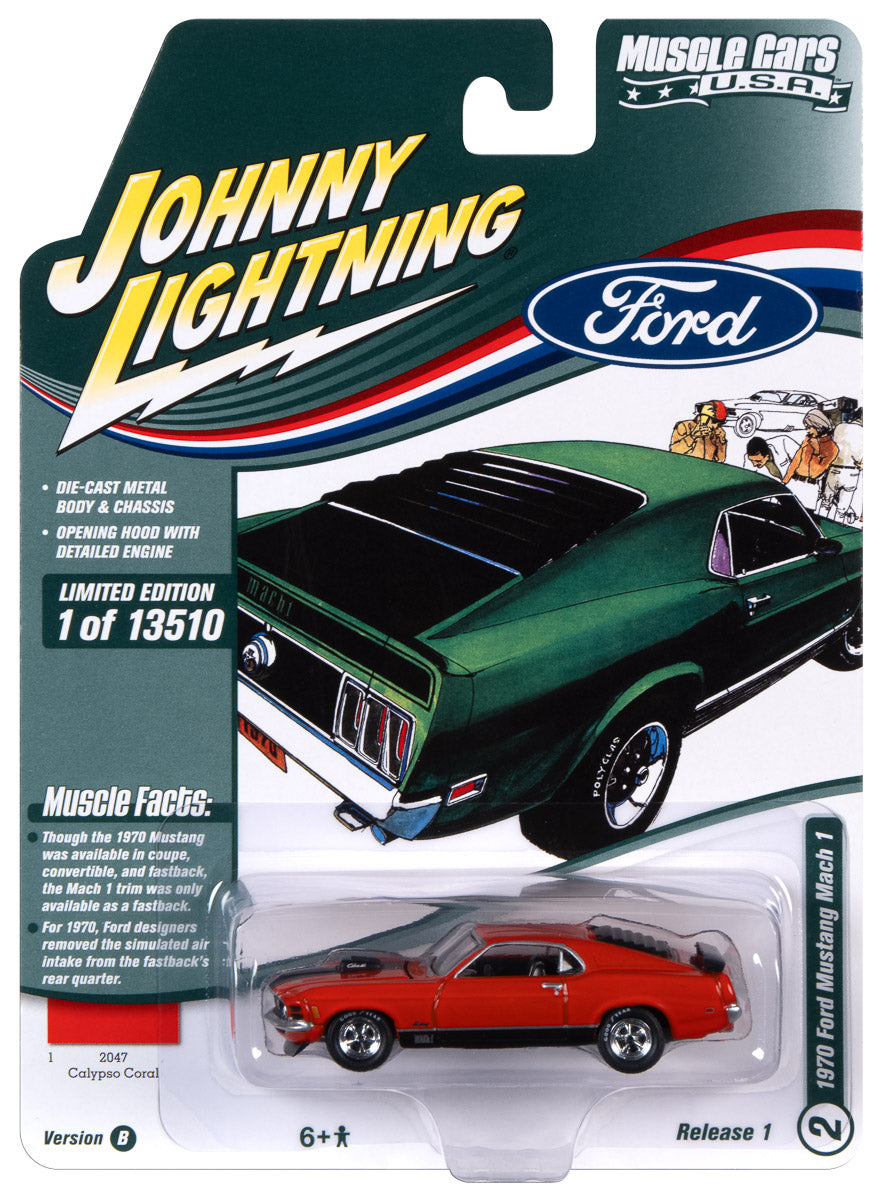 Johnny Lightning Muscle Cars 1970 Ford Mustang Mach 1 (Calypso Coral w/Black 428 Hood Stripe) 1:64 Scale Diecast