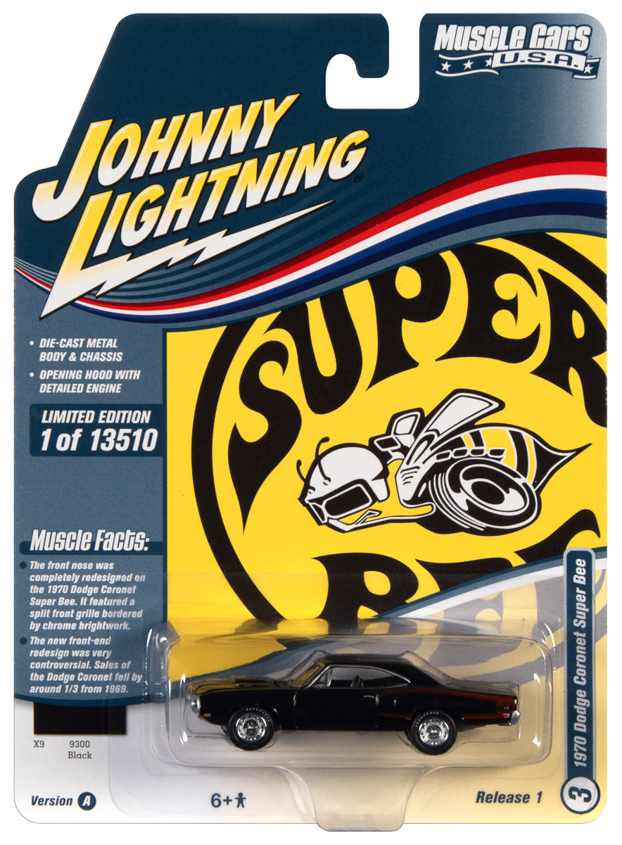 Johnny Lightning Muscle Cars 1970 Dodge Super Bee (Gloss Black w/Side Red C Stripe) 1:64 Scale Diecast