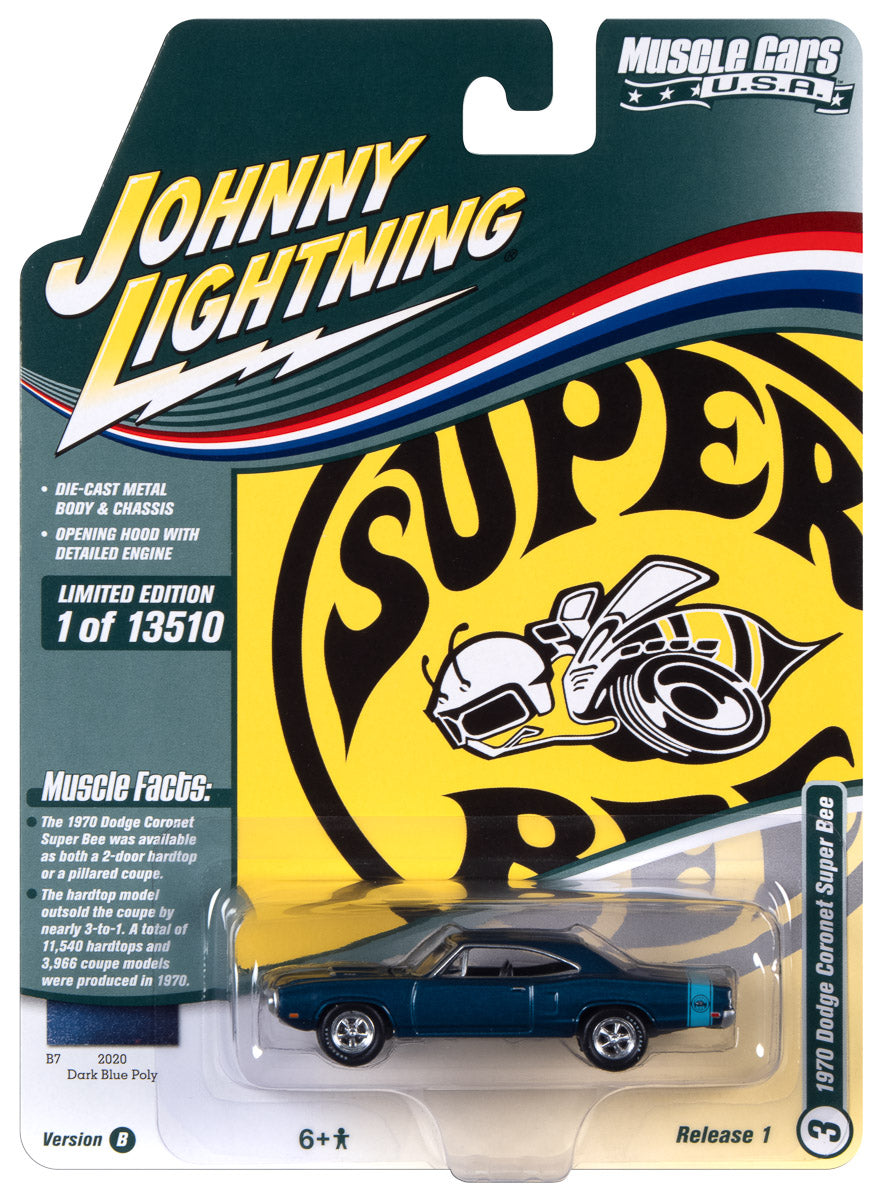 Johnny Lightning Muscle Cars 1970 Dodge Super Bee (B7 Dark Blue Poly w/Rear Light Blue Bee Stripe) 1:64 Scale Diecast