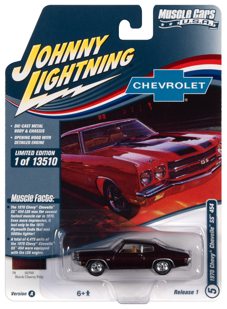 Johnny Lightning Muscle Cars 1970 Chevrolet Chevelle SS 454 (Black Cherry w/White Hood & Trunk Stripes) 1:64 Scale Diecast