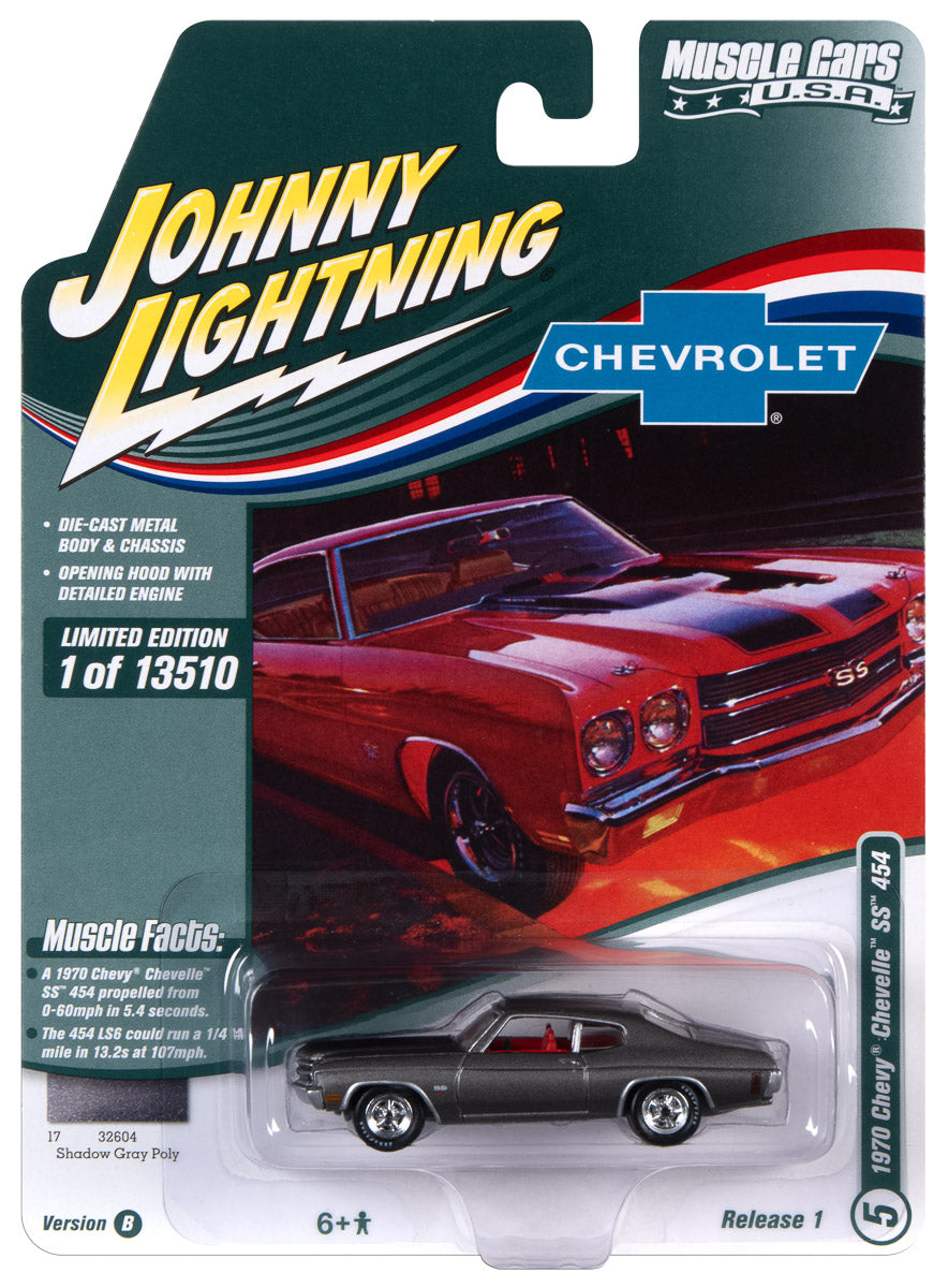 Johnny Lightning Muscle Cars 1970 Chevrolet Chevelle SS 454 (Shadow Gray w/Black Hood & Trunk Stripes) 1:64 Scale Diecast