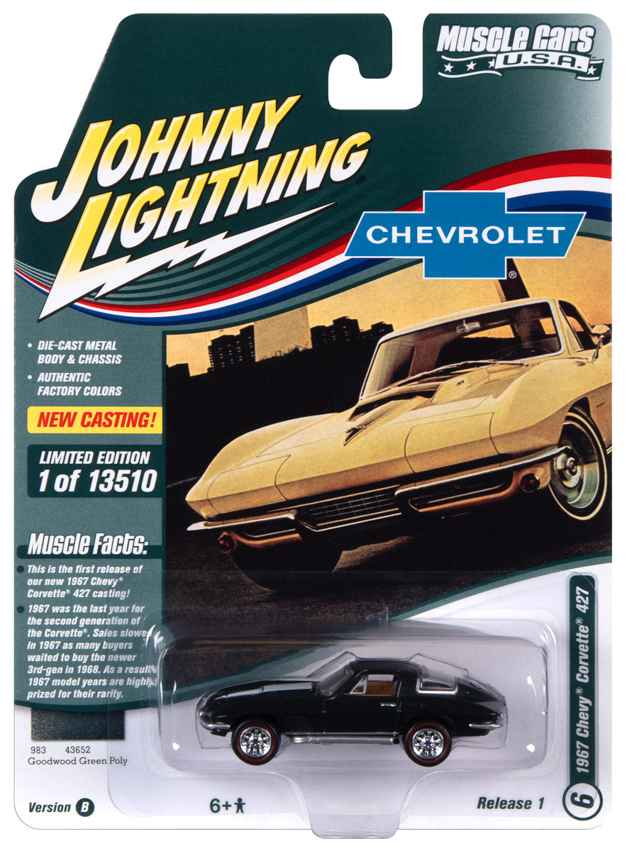 Johnny Lightning Muscle Cars 1967 Chevrolet Corvette (Goodward Green Poly w/White Stinger Hood Stripe) 1:64 Scale Diecast