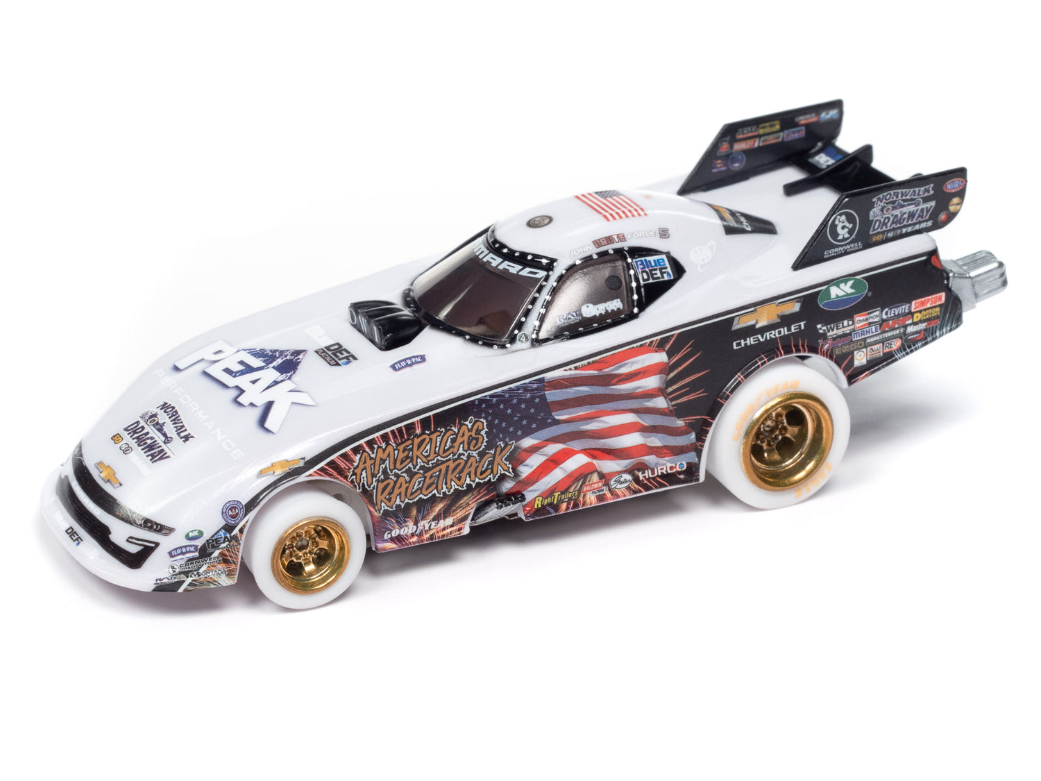 Auto World 4Gear John Force Night Under Fire 2023 Chevy Camaro Funny Car (iWheels) HO Scale Slot Car