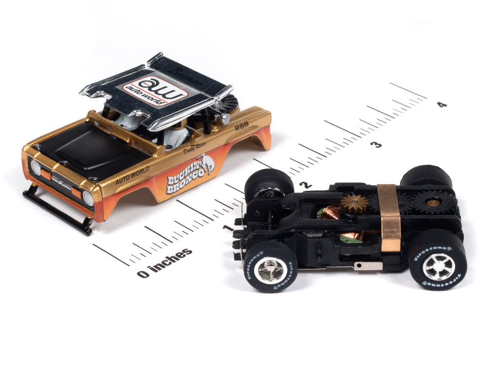 "PRE-ORDER" Auto World Xtraction 1972 Ford Baja Bronco - Gold w/ Orange Race Graphics HO Scale Slot Car (DUE OCTOBER 2024)