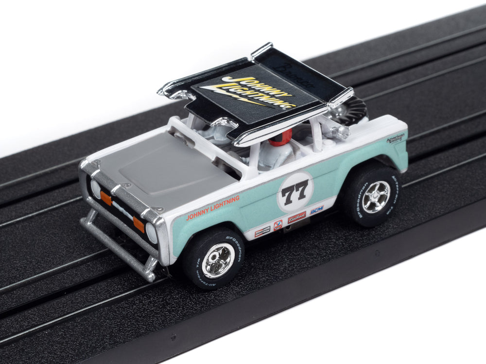 "PRE-ORDER" Auto World Xtraction 1972 Ford Baja Bronco - White w/ Light Teal Race Graphics HO Scale Slot Car (DUE OCTOBER 2024)