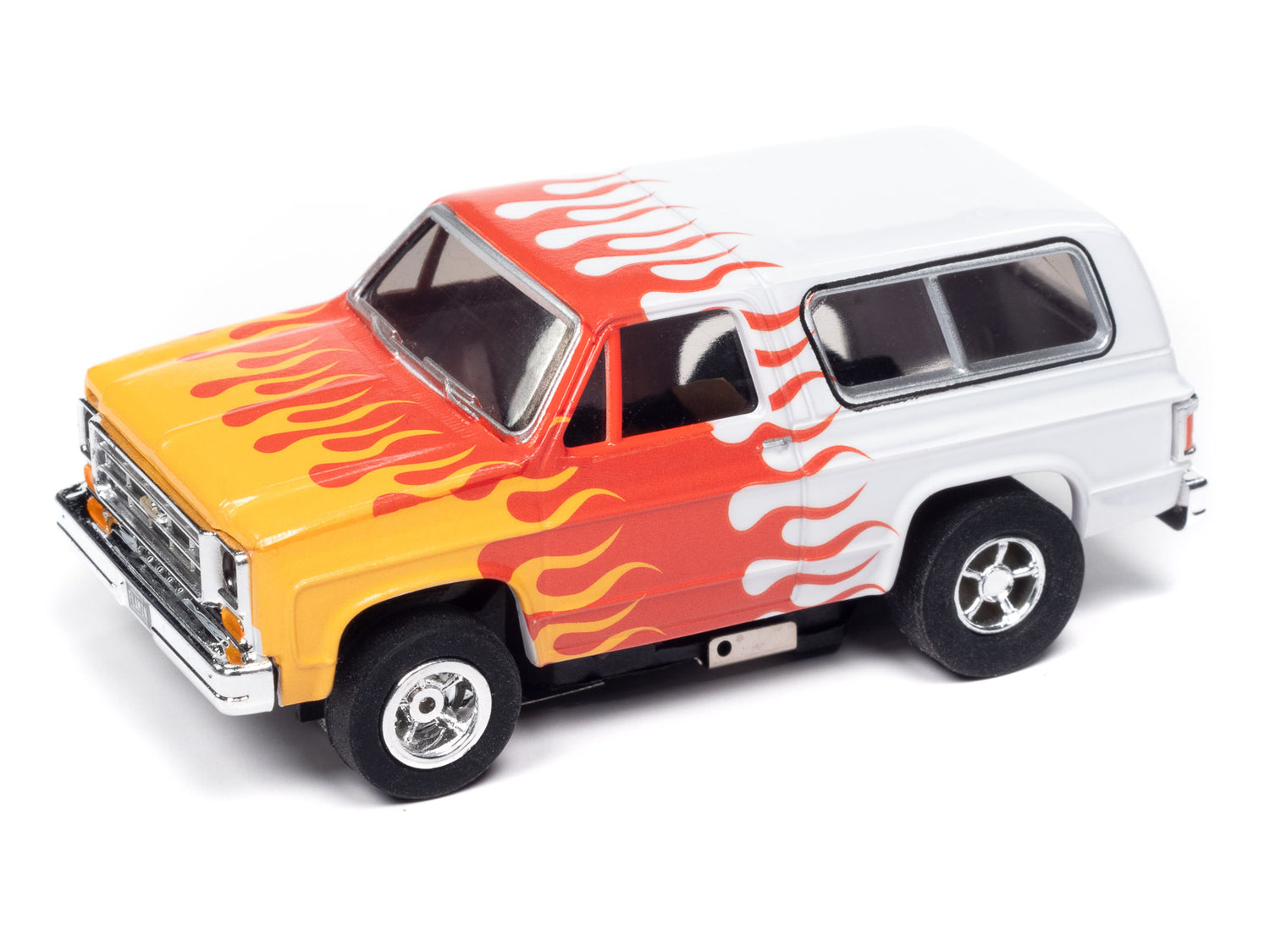 "PRE-ORDER" Auto World Xtraction 1979 Chevy Blazer - White w/ Yellow & Red Flames HO Scale Slot Car (DUE OCTOBER 2024)