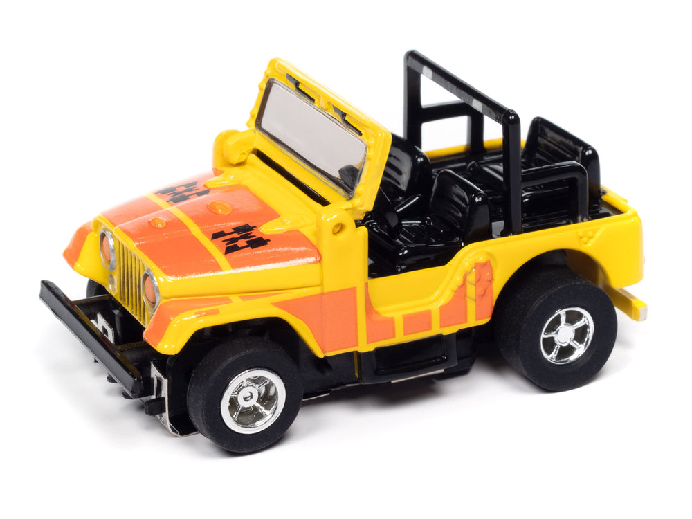 "PRE-ORDER" Auto World Xtraction 1979 Jeep CJ-7 - Yellow w/ Orange 4x4 Graphics HO Scale Slot Car (DUE OCTOBER 2024)