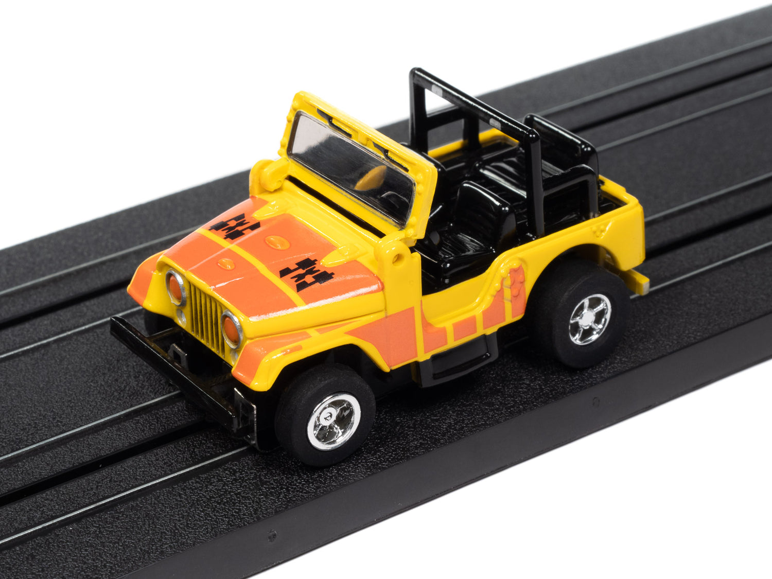 "PRE-ORDER" Auto World Xtraction 1979 Jeep CJ-7 - Yellow w/ Orange 4x4 Graphics HO Scale Slot Car (DUE OCTOBER 2024)