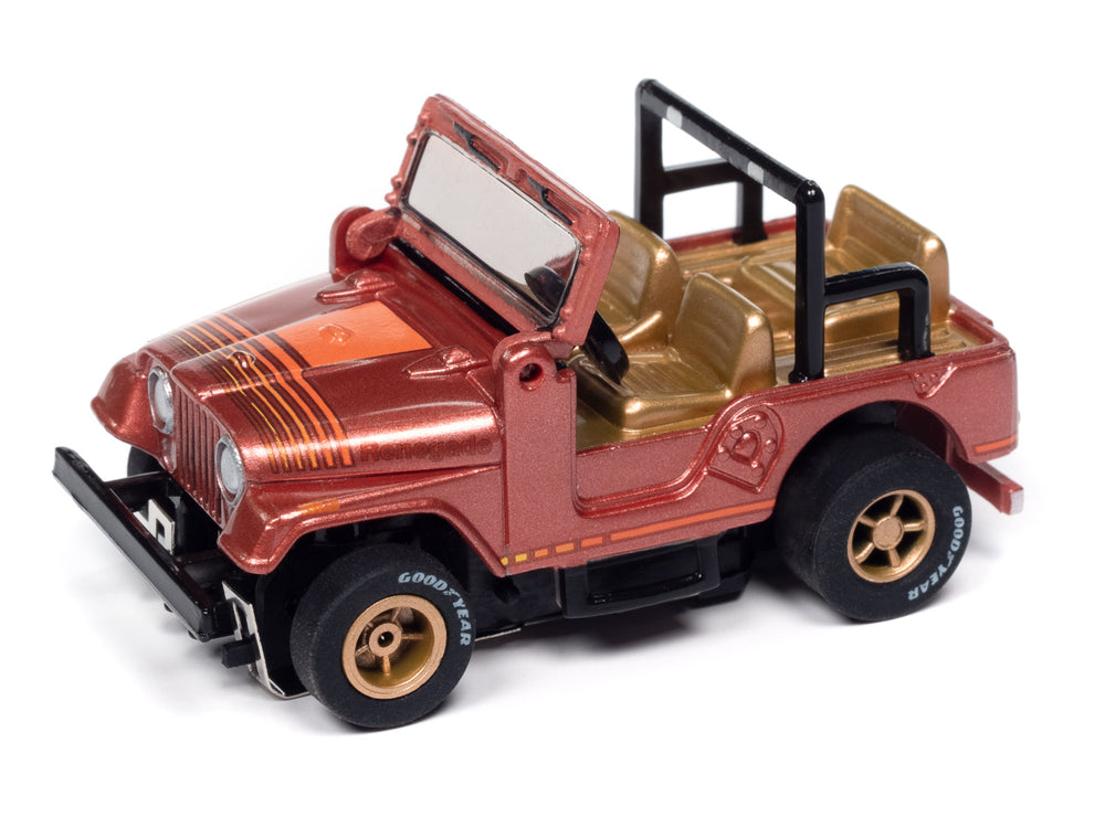 Auto World Xtraction 1979 Jeep CJ-7 - Russet Red Poly w/ Orange Renegade Graphics HO Scale Slot Car