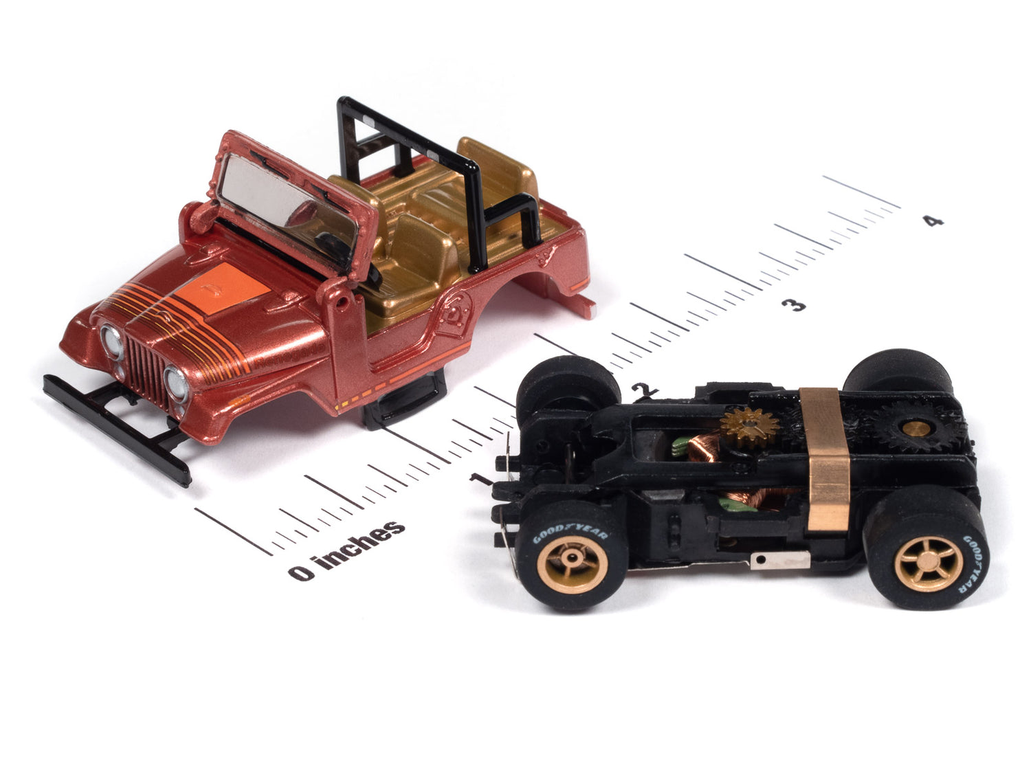 Auto World Xtraction 1979 Jeep CJ-7 - Russet Red Poly w/ Orange Renegade Graphics HO Scale Slot Car