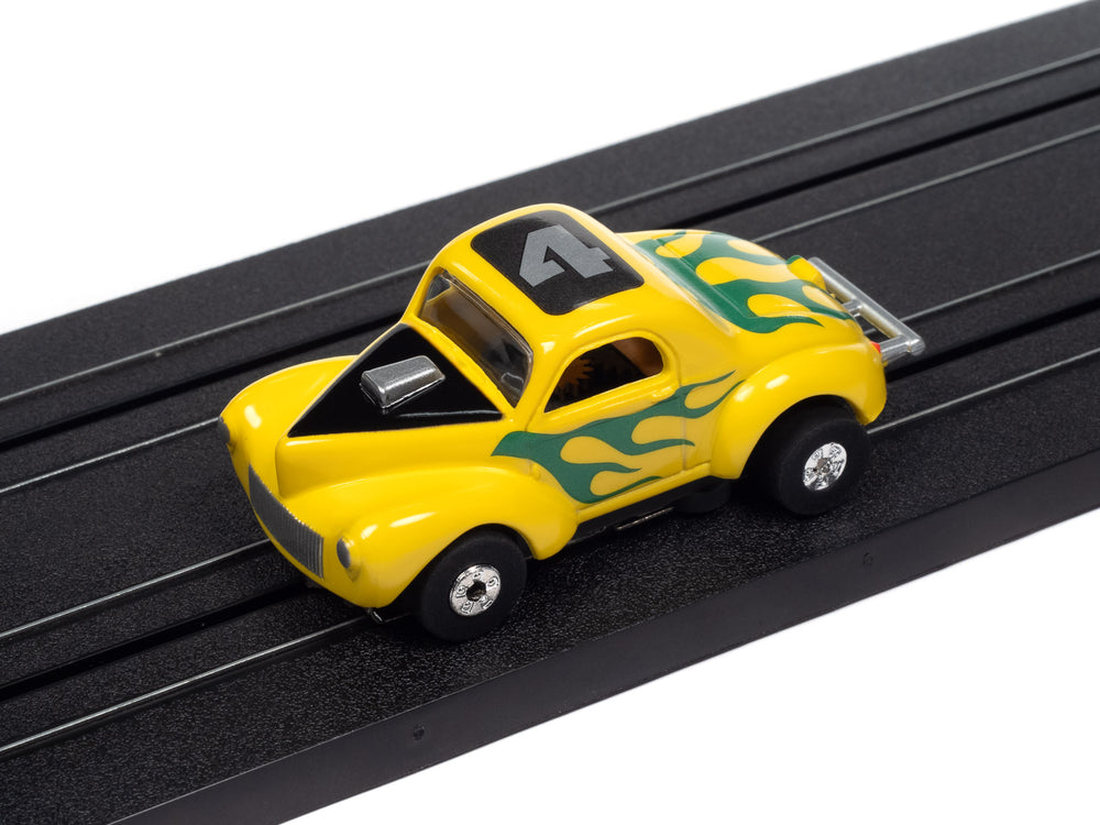 "PRE-ORDER" Auto World Thunderjet 1941 Willys Coupe Gasser - Yellow w/ Green Flames HO Scale Slot Car (DUE OCTOBER 2024)