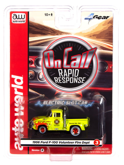 Auto World 4Gear 1956 Ford F100 Volunteer Fire Dept (Green w/ Orange Flames) HO Scale Slot Car