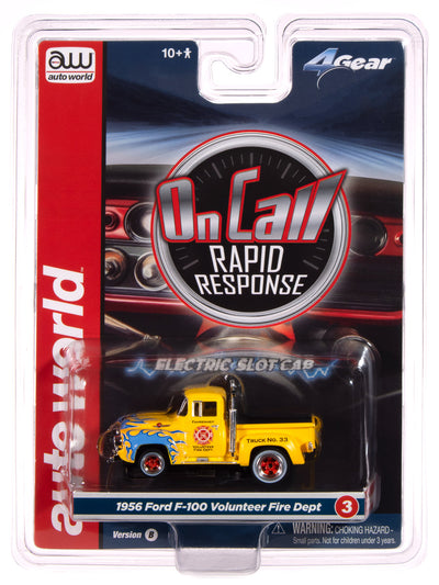 "PRE-ORDER" Auto World 4Gear 1956 Ford F100 Volunteer Fire Dept (Yellow w/ Blue Flames) HO Scale Slot Car (DUE MARCH 2025)