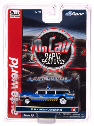 "PRE-ORDER" Auto World 4Gear 1959 Cadillac Ambulance (Silver & Blue) HO Scale Slot Car (DUE MARCH 2025)