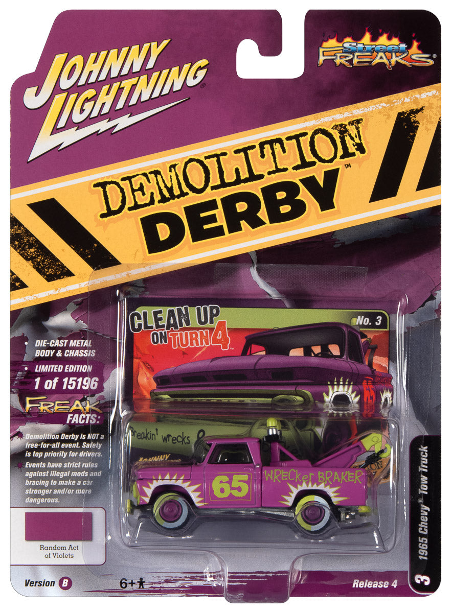 Johnny Lightning Street Freaks 1965 Chevy Truck Tow Truck (Demolition Derby) ( Flat Bright Purple) 1:64 Scale Diecast