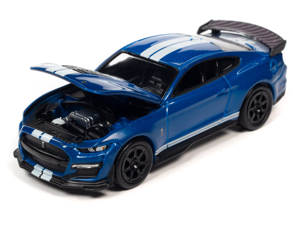 Auto World 2021 Shelby GT500 Carbon Edition (Velocity Blue with Twin White Stripes on Hood) 1:64 Diecast