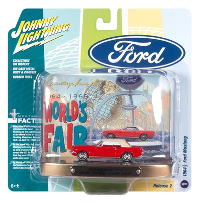 Johnny Lightning 1964 World's Fair Tin Display w-1964 Ford Mustang (Rangoon Red) 1:64 Diecast