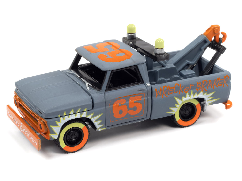 Johnny Lightning Street Freaks 1965 Chevy Truck Tow Truck (Demolition Derby) ( Flat Smoke Blue-Gray) 1:64 Scale Diecast