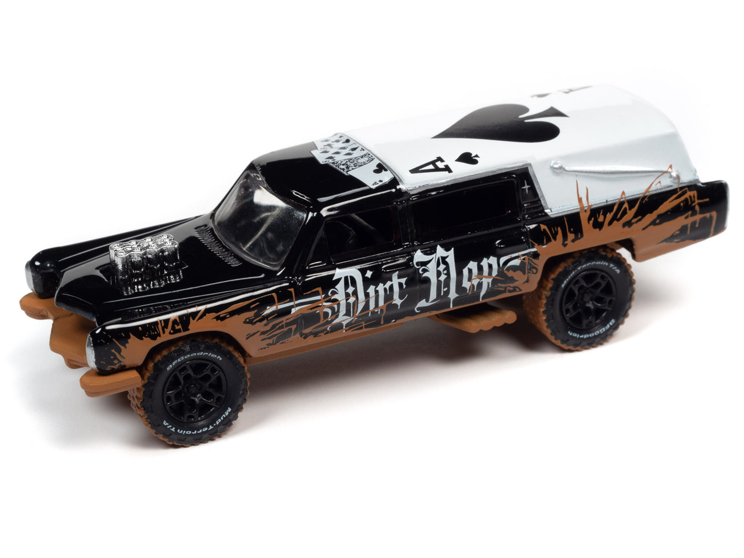 Johnny Lightning Street Freaks Haulin' Hearse (Off Road) (Gloss Black, White Roof w/Mud) 1:64 Scale Diecast